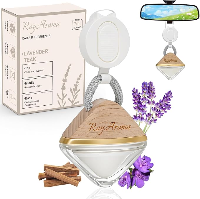Royaroma Long Lasting Car Air Freshener | Non-Toxic Hanging Car Diffuser with Adjustable Rope | Plant-Based Essential Oil Scent for Cars Freshener | Teak