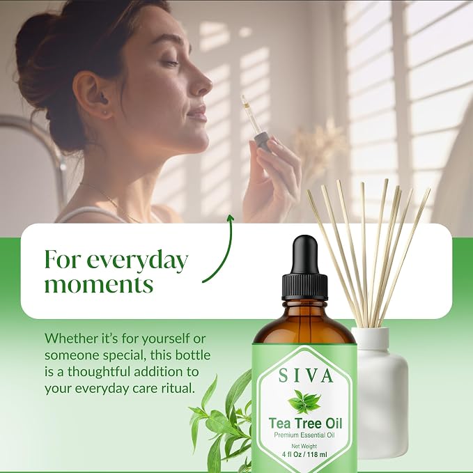 Siva Tea Tree Essential Oil 4 Fl Oz – for Diffuser, Skin & Hair Care – Ideal for Aromatherapy, Massage & DIY Blends- with Dropper