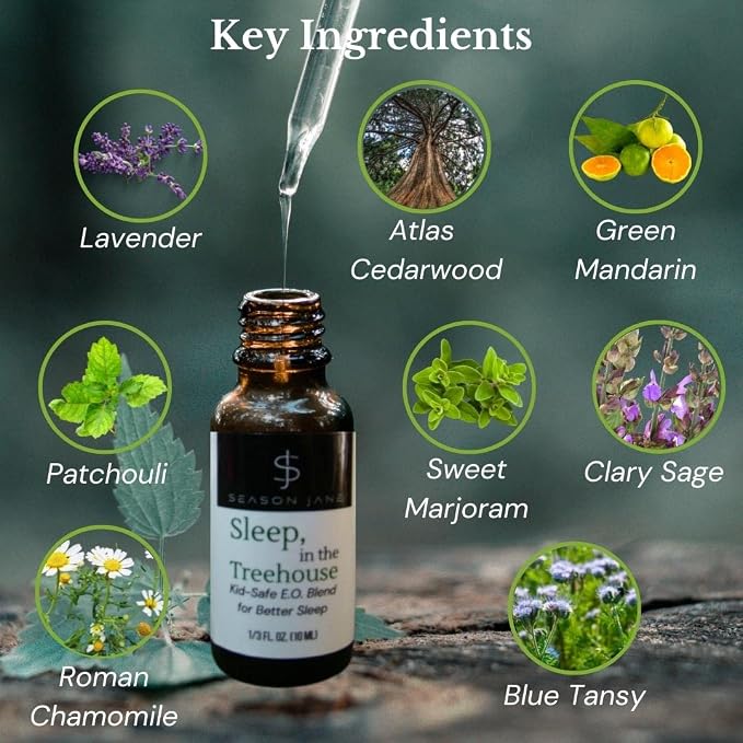 Season Jane-Sleep in the Treehouse 10ml (1/3 oz). Kid Safe Essential Oil Blend for Better Sleep. Herbal Fresh & Earthy Scent. Made in USA.