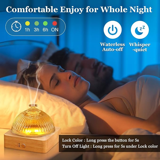 Lecdura Glass Essential Oil Diffuser with Glass Reservoir & WoodBase, 200ml Ultrasonic Lock Color Timer Auto-Off 7 Color Light Aroma Glass Dome Diffuser for Home Office Bedroom Yoga