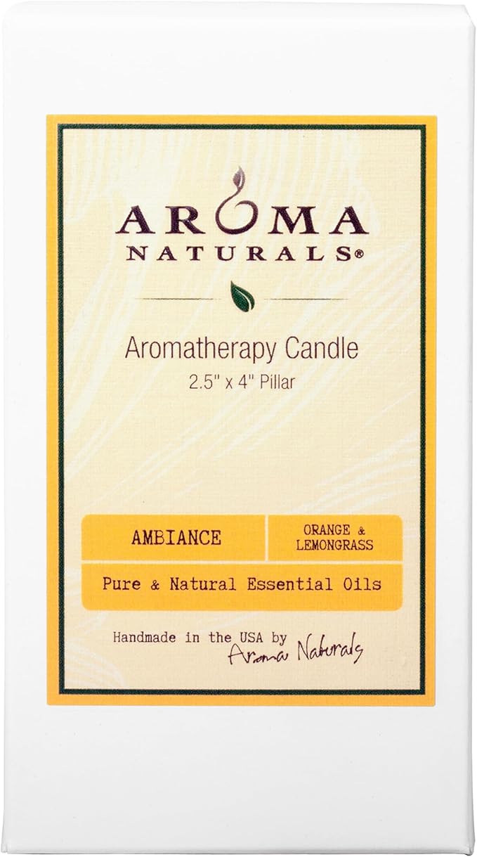 Aroma Naturals Essential Oil Orange and Lemongrass Scented Pillar Candle, Ambiance, 2.5 inch x 4 inch, Yellow