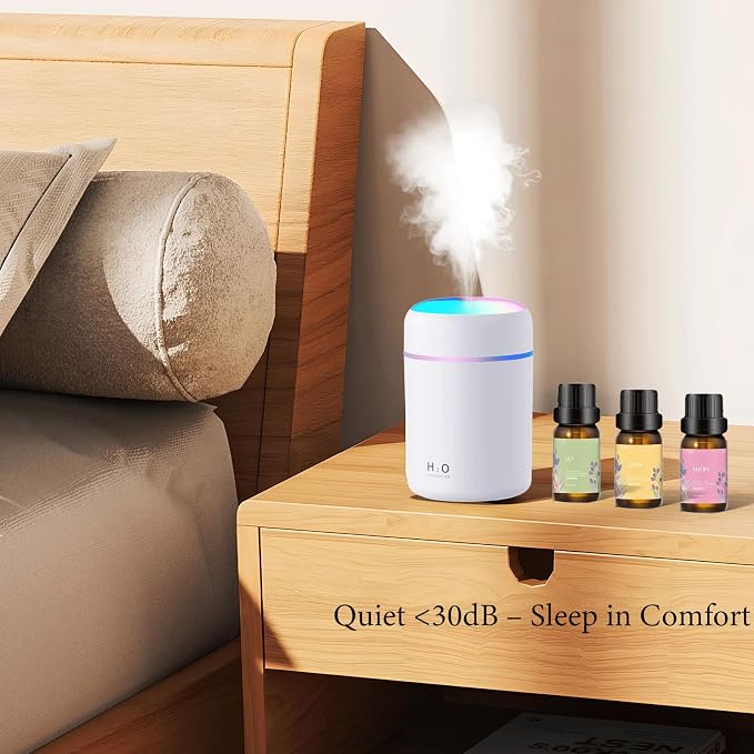 USB Essential Oil Diffuser with 6 Oils, Portable Ultrasonic Aromatherapy Diffuser for Home & Car, Cool Mist, 7-Color LED Night Light, Auto Shut-Off, One-Button Control,3 Colors (White)