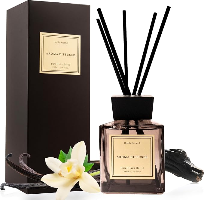 XEPTLE Sandalwood Reed Diffuser, Air Freshener, Fragrance Oil Diffuser with 5 Reeds, Eliminate Odors, Scented Diffuser Set for Bathroom,Bedroom,Office,Home,Yoga, 7.04 oz, Black