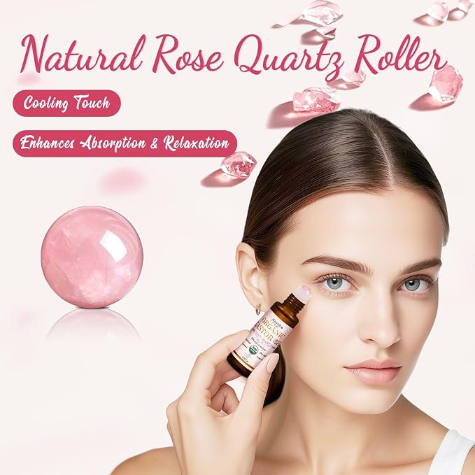 Organic Castor Oil with Real Rose Quartz Roll-On, 2 Pack for Face & Eyes — Lash & Brow Growth, Under Eye Care, Skin Moisturizing, Cold-Pressed, Hexane-Free, Beauty Self-Care Gifts for Women