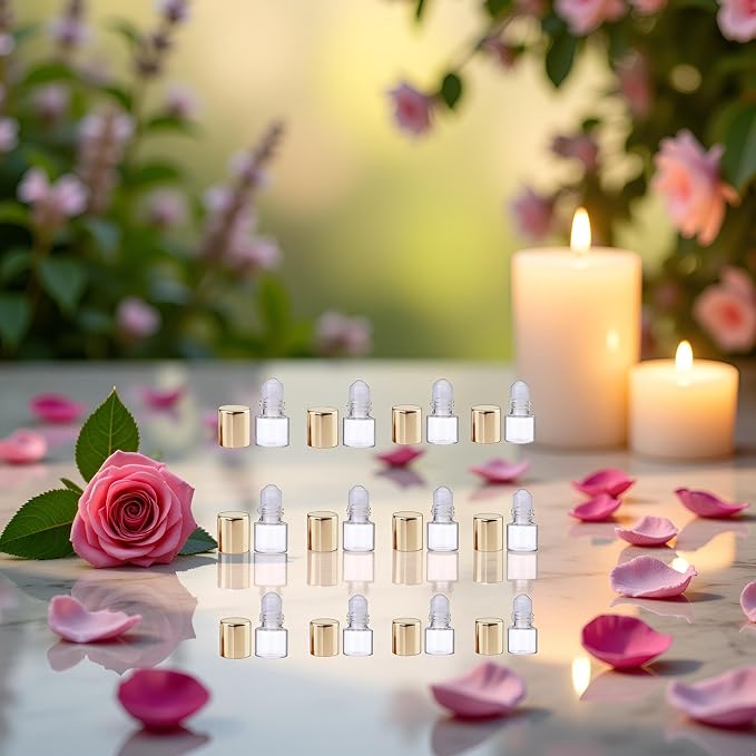 12 Pcs Gold 1ml Mini Glass Roll on Bottles Roller Refillable Essential Oil Aromatherapy Sample Vials Roller Bottles Container