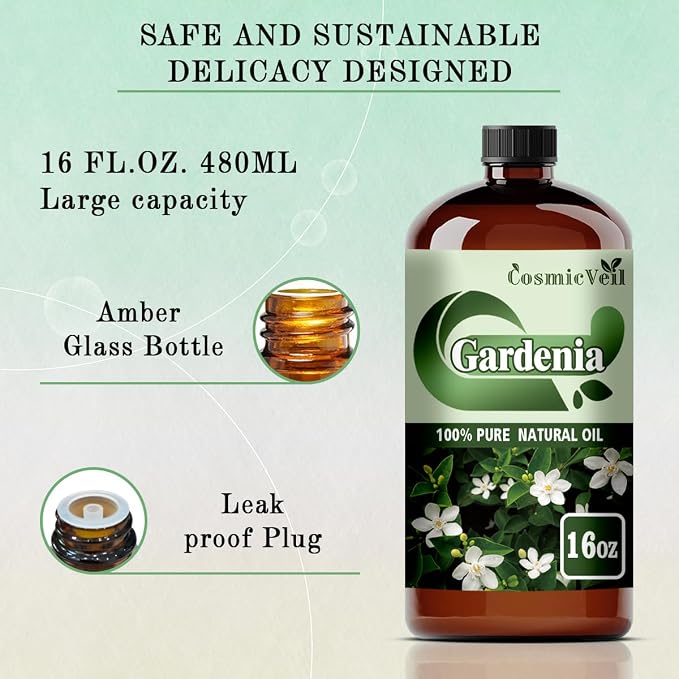Gardenia Essential Oil Gardenia Oil for Aroma Diffuser,Humidifier,Home Fragrance,Cleaning,Body Care,Massage,Yoga,DIY Candle,DIY Soap CosmicVeil（Gardenia，16 Fl Oz (Pack of 1)）