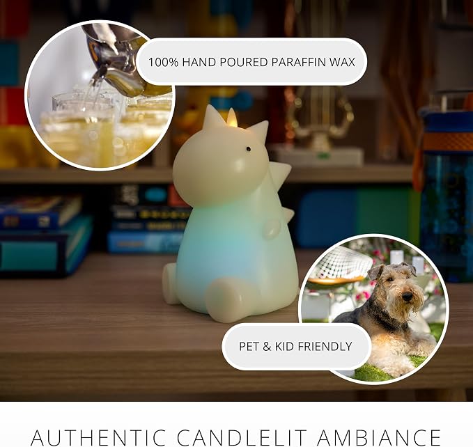 Luminara Flameless Dinosaur Figural Color Changing LED Candle, 5.7" x 6.7", Real Wax Moving Flame Battery Operated w/ 18 Button Remote, Unscented Safe