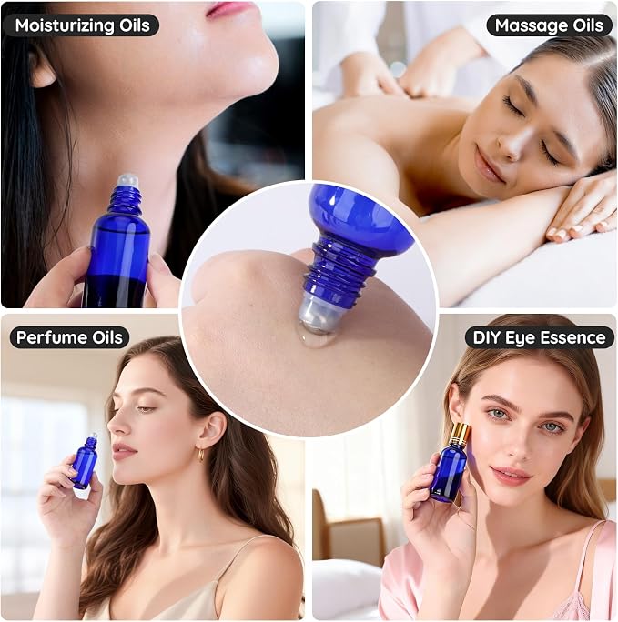 Segbeauty 1oz Thick Glass Roller Bottles for Travel Perfume, 5pcs Blue Empty Rollerball Bottles for Oil, 30ml Essential Oil Roller Ball Applicator Refillable, Travel Roll On Bottle for Eye Essence