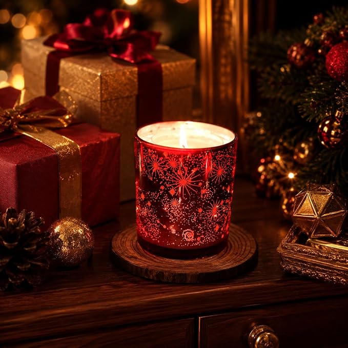 Viyffo 12oz Heat-Activated LED Light Up Scented Candle - Mulled Wine, Non Toxic Soy Candle in Decorative Red Glass Jar, Night Light Candle for Bedroom, Bathroom & Living Room, Novelty Gift for Women