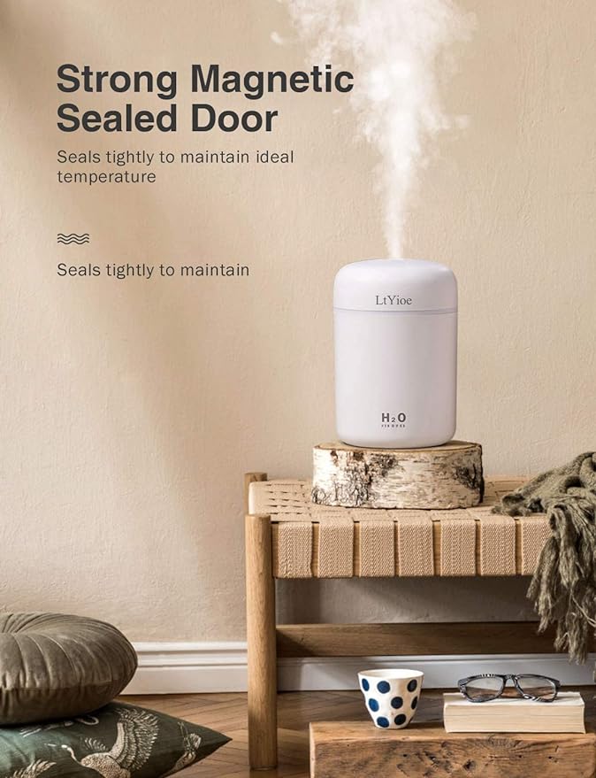 LtYioe Colorful Cool Mini Humidifier, USB Personal Desktop Humidifier for Car, Office Room, Bedroom,etc. Auto Shut-Off, 2 Mist Modes, Super Quiet. (White)