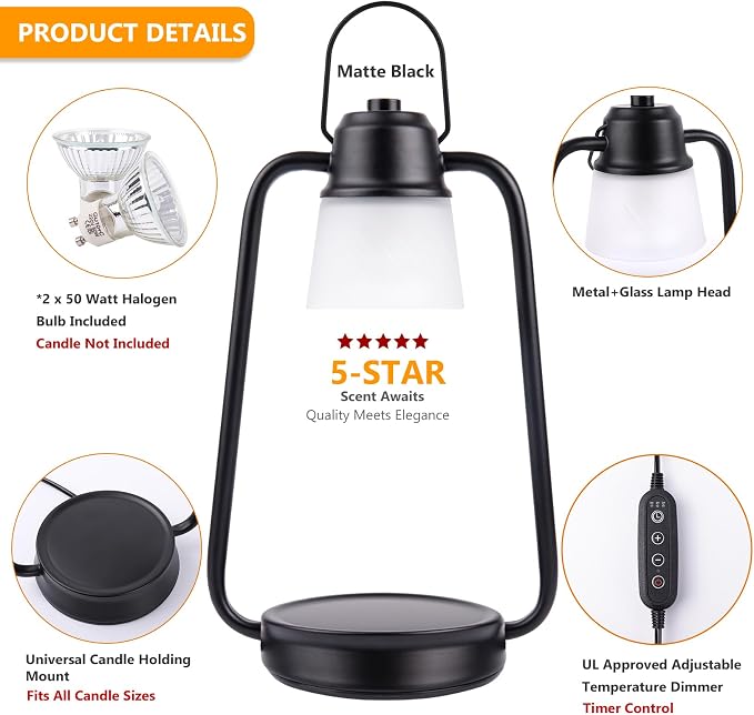 Candle Warmer Lamp, Candle Lamp Warmer with Dimmer, Electric Candle Warmer for Jar Candles Lamp Warmer Bedroom Home Decor, 2H/4H/8H Timer with 2 * 50 Bulbs