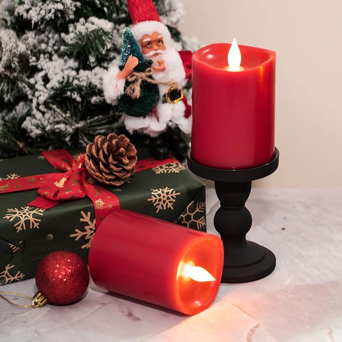 3" x 4" Red Flameless Candles - LED Pillar with Remote, Timer, Flickering, 600+ Hour Battery Life, Ideal for Christmas, Halloween, and Indoor Decor (Red, 3"*4"-2pcs)