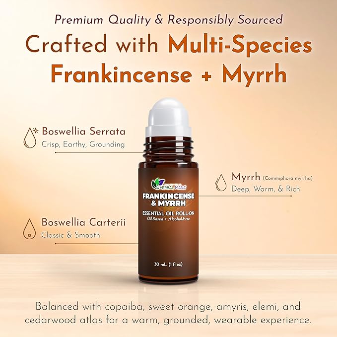 Frankincense & Myrrh Essential Oil Roll-On, 30 mL (1 fl oz) – Pre-Diluted Aromatherapy Rollerball in Fractionated Coconut Oil (FCO) – Alcohol-Free Pulse Point Oil Roller