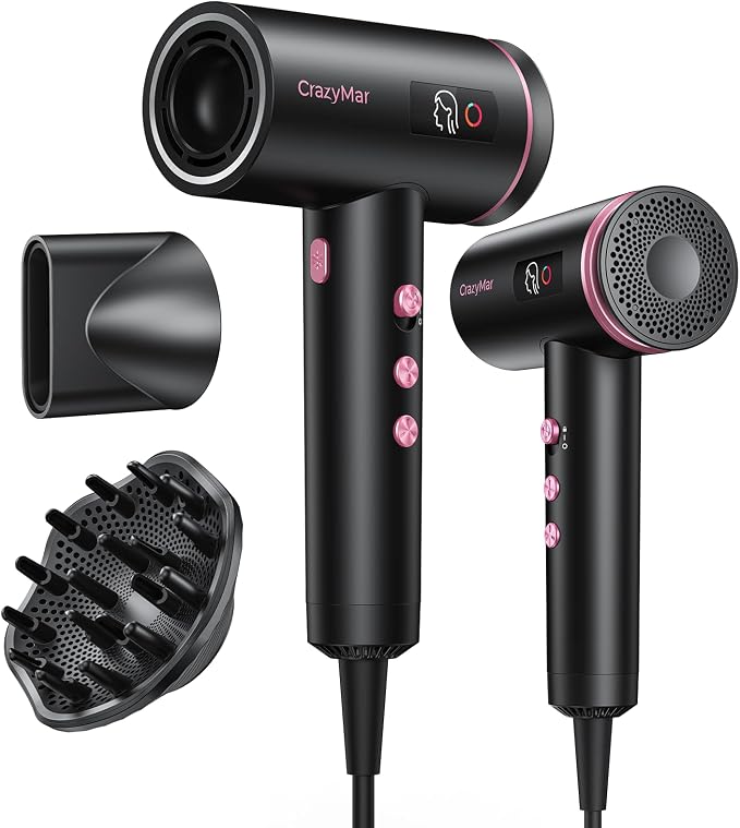 CrazyMar Hair Dryer,180000 RPM High-Speed Blow Dryer with Diffuser,500M Negative Ionic Hair Dryer for Fast Drying, Smart Temperature Control,Low Noise,Lightweight Travel Hair Dryer for Women & Men