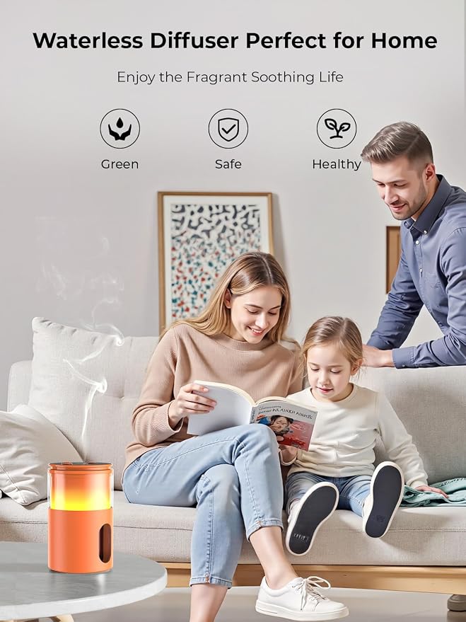 Waterless Essential Oil Diffuser: 𝟗 𝐂𝐨𝐥𝐨𝐫𝐬 𝐋𝐄𝐃 Scent Diffuser for Home&Car&Office - Portable Diffuser with 48H Battery, 4 Timers & 3 Mist Levels, Bright Orange