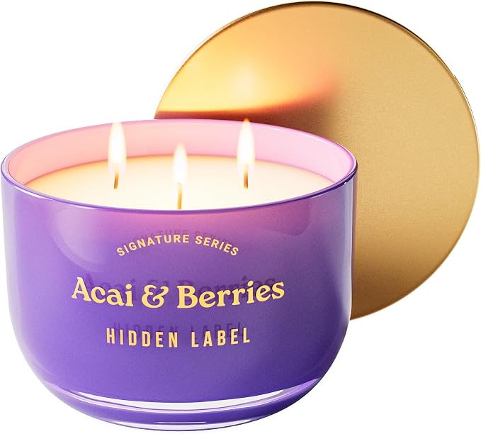 Hidden Label Acai & Berries Scented Candle, 18oz 3 Wick Large Soy Wax Candle, 70 Hour Burn | Non Toxic Aromatherapy Candle for Home, Mood Boost & Energy | Luxury Candle Gift for Women and Men