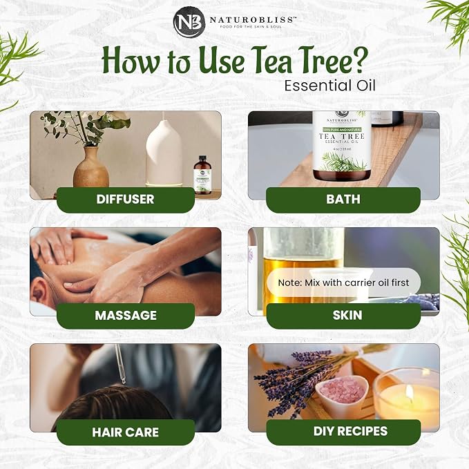 NaturoBliss Essential Oil with Glass Dropper - 100% Pure and Natural - Essential Oils for Diffuser, Aromatherapy, Soap and Candle Making, Tea Tree Essential Oil, Tea Tree Oil, 4 Fl Oz