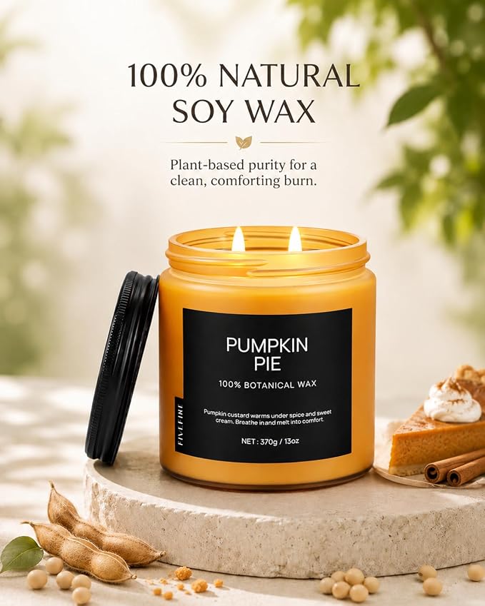 Pumpkin Pie Home Scented Candles, 13oz Organic Soy Wax, 76-Hour Clean Burning, Natural Candles Non Toxic, Warm & Spicy Fall Harvest Scent for Relaxation, Aromatherapy Housewarming Candle for Men Women