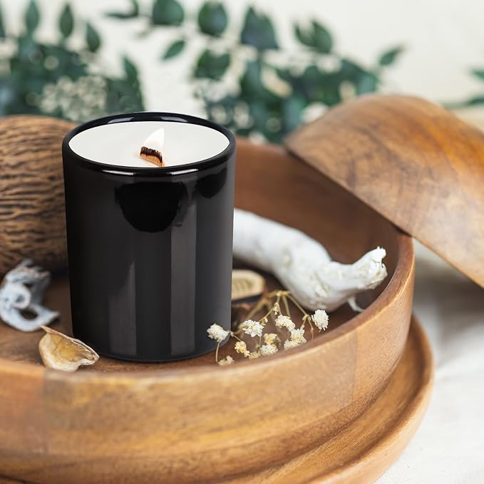 SHOWIN Thick Candle Jars for Making Candles 16 Pcs, 7 OZ Empty Jars with Wood Lids for Candle Making, Sample Container, Glossy Black