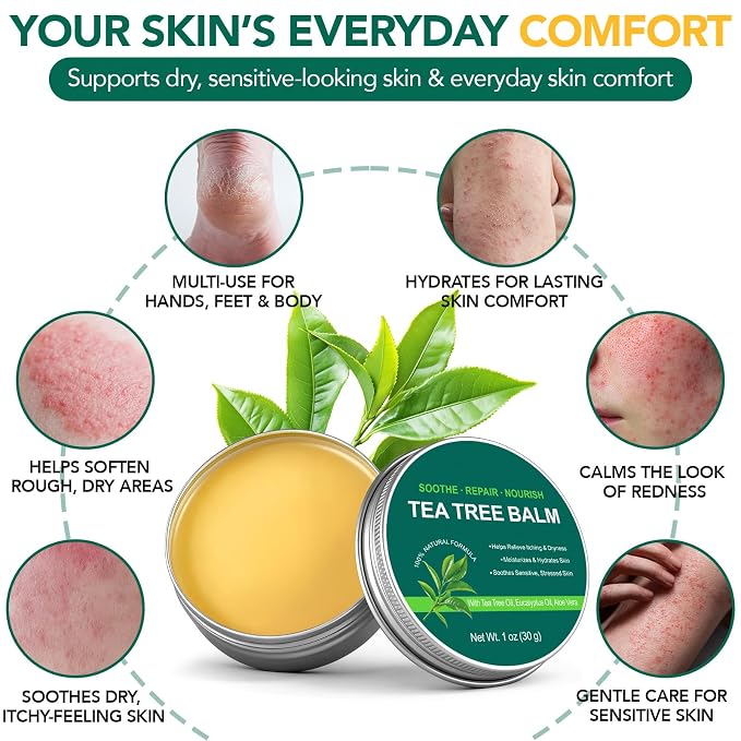 Tea Tree Oil Balm,Tea Tree Oil for Skin,Dry Itchy Skin & Rash Relief, Athlete’s Foot & Dry Feet Itching, Jock Itch, Chafing, Bug Bites,Natural Formula,Effective & Safe for All Ages