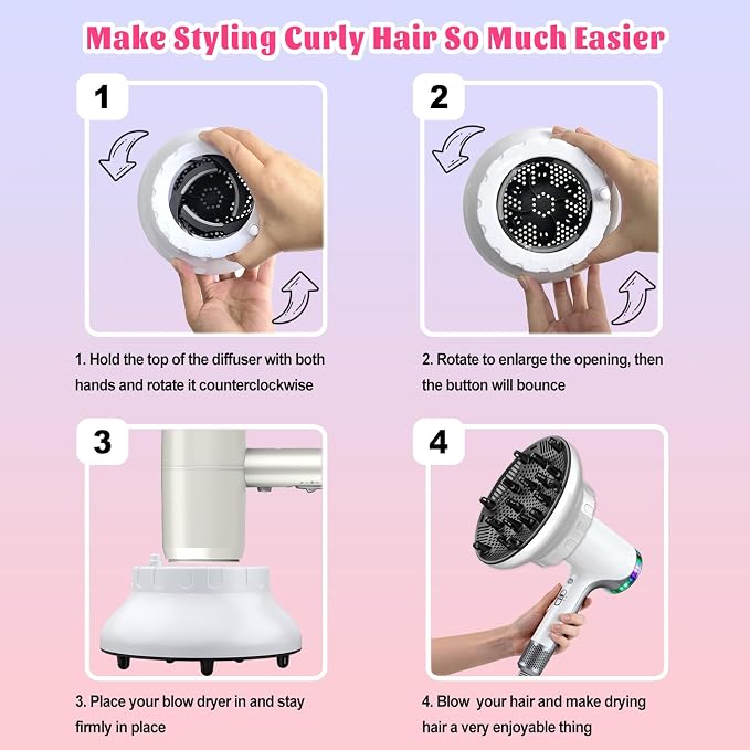 Universal Hair Diffuser for 1.4"-3.1" Blow Dryers, Diffuser Hair Dryer Attachment, Professional Hair Diffuser for Curly Wavy Long Thick Hair, Reduces Frizz & Defines Curls, Home/Travel Use, White