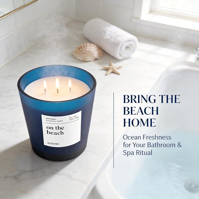 Hidden Label On The Beach Scented Candle, Non Toxic 30oz Large 3-Wick Soy Wax Candle, Up to 120 Hours Slow Burn, Ocean Sea Salt Home Fragrance for Bathroom, Spa Relaxation & Beach Gift