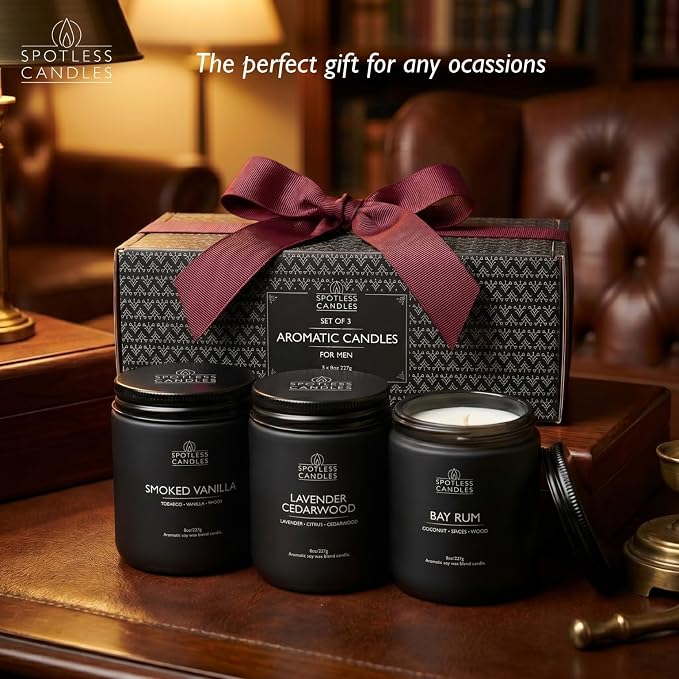 Mens Candle 3 x 8oz Pack Smoked Vanilla Bay Rum and Lavender Cedarwood Scents