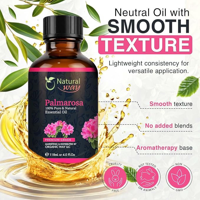 Palmarosa Essential Oil for Diffusers | Natural Aroma Oil for Home Fragrance, Humidifier & DIY Candle Making, Long Lasting Scent for Office, Bedroom & Soothing Scent 4 Fl Oz (120 mL)