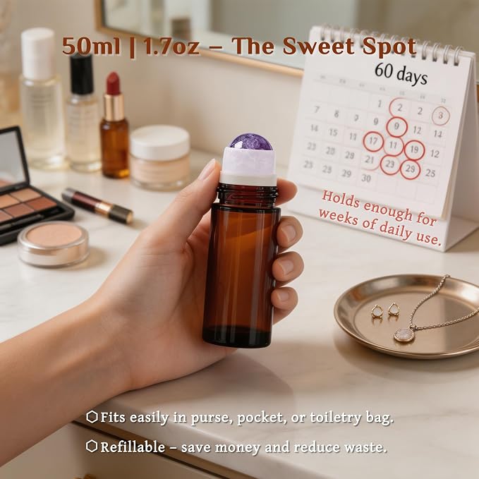 PrettyCare Rose Quartz Roller Bottles for Essential Oils, 50ml Roll On Bottles with Natural Crystal Roller Ball Applicator, Refillable Amber Glass Perfume Bottle (1 Pack, Purple Roller)