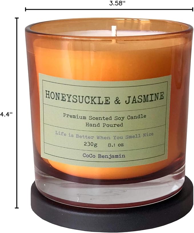 100% Natural Soy Wax Candle by CoCo Benjamin - Highly Scented & Hand-Poured Luxury Candle (Honeysuckle & Jasmine)- Clean Burning Cotton Wick