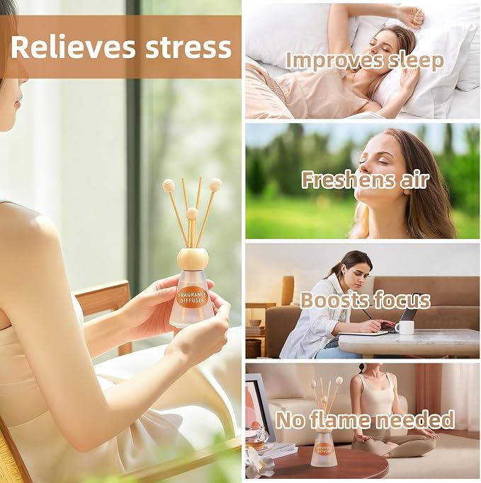Reed Diffuser Set, Ocean Citrus Scent with Reed Sticks, 1.7 fl oz / 50ml Cone-Shaped Bottle with Round Wooden Cap, Ideal for Bathroom, Bedroom, Office, Home Fragrance for Shelf Decor Air Freshener