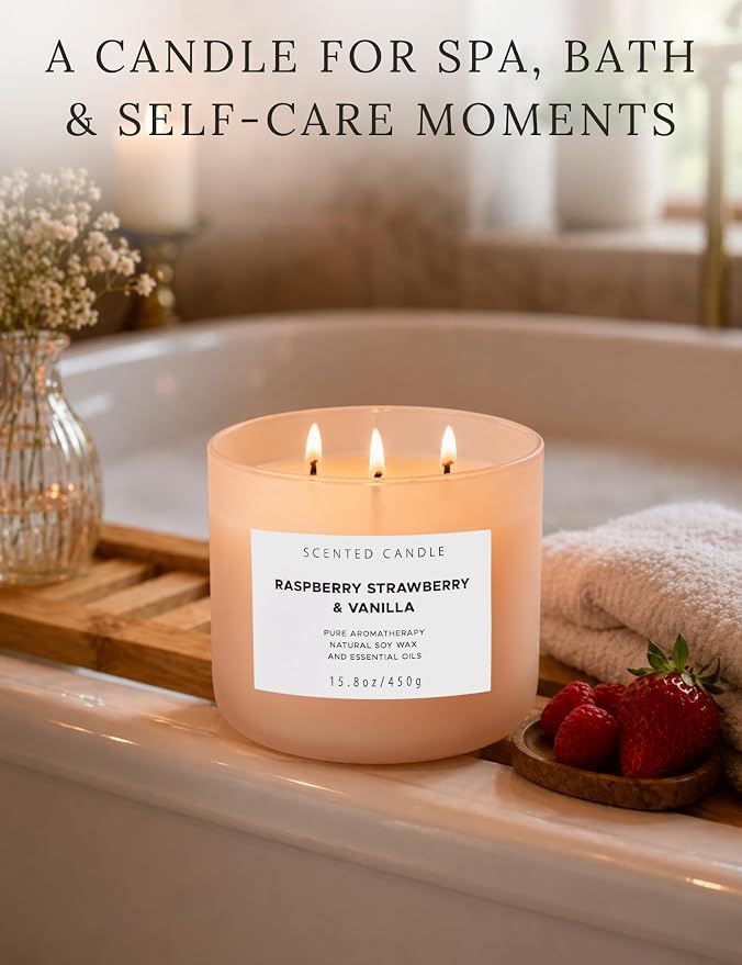 Raspberry Strawberry Vanilla 3-Wick Scented Soy Candle 15.8 oz | Large Sweet Berry Vanilla Scented Candle for Home | Relaxing Aromatherapy Candle | Strong Throw & Long Lasting