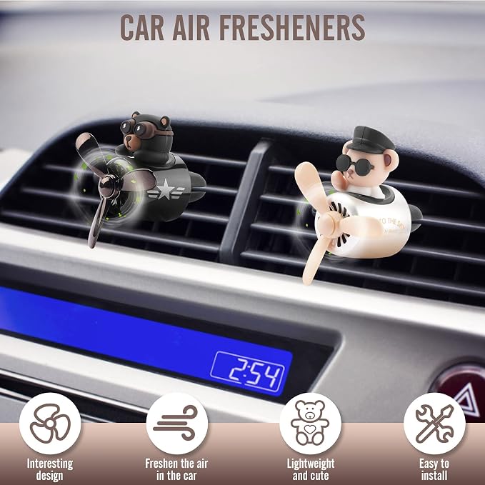 2pcs Car Air Fresheners Cute Cartoon Bear Pilot Automotive Air Outlet Propeller Car Diffuser Creative Car Perfume Decoration for Car Vent Clips for Women Men with 8 Fragrant Tablets(Bear + Teddy Bear)