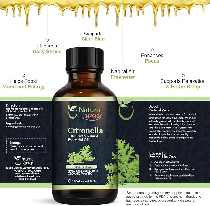 Citronella Essential Oil for Diffusers | Natural Aroma Oil for Home Fragrance, Humidifier & DIY Candle Making, Long Lasting Scent for Office, Bedroom & Soothing Scent 4 Fl Oz (120 mL)