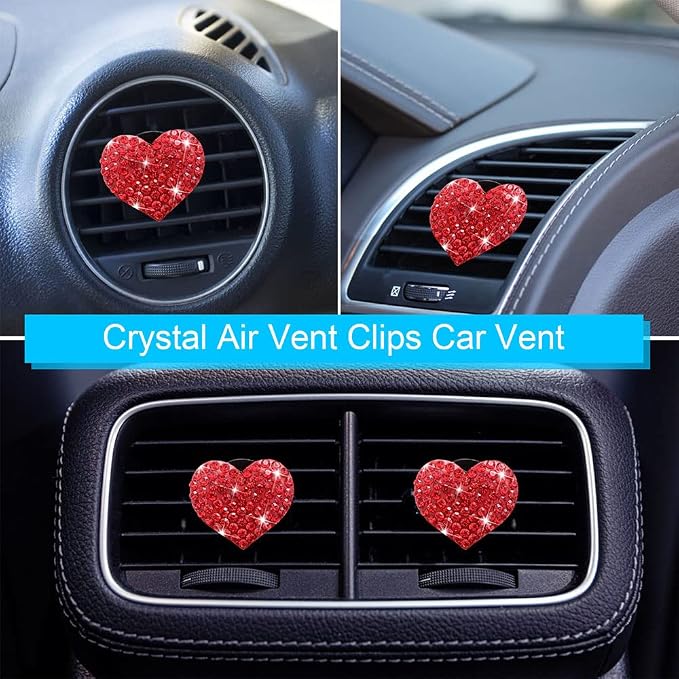 5 Pcs Bling Red Lips Air Vent Clips, Heart Shape Crystal Car Air Vent Clip Charms Car Air Fresheners for Women Rhinestone Diffuser Vent Clip Cute Car Decor Bling Car Accessories for Women (Red hearts)