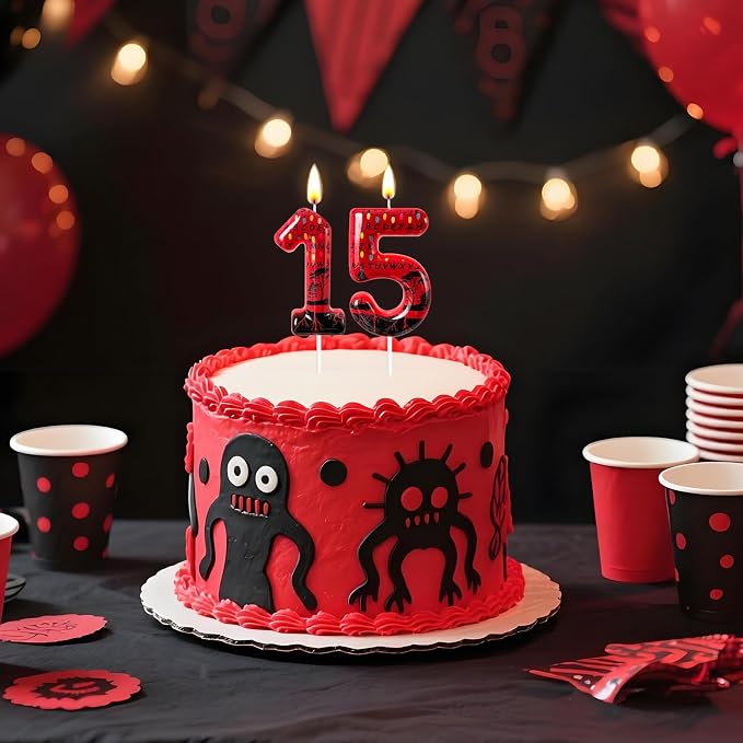 Red Number 15 Birthday Candle for Cake – Dark Horror Style with Alphabet Print & Shadow Design – Unique Cake Topper for Birthday, Anniversary, Themed Party Decoration