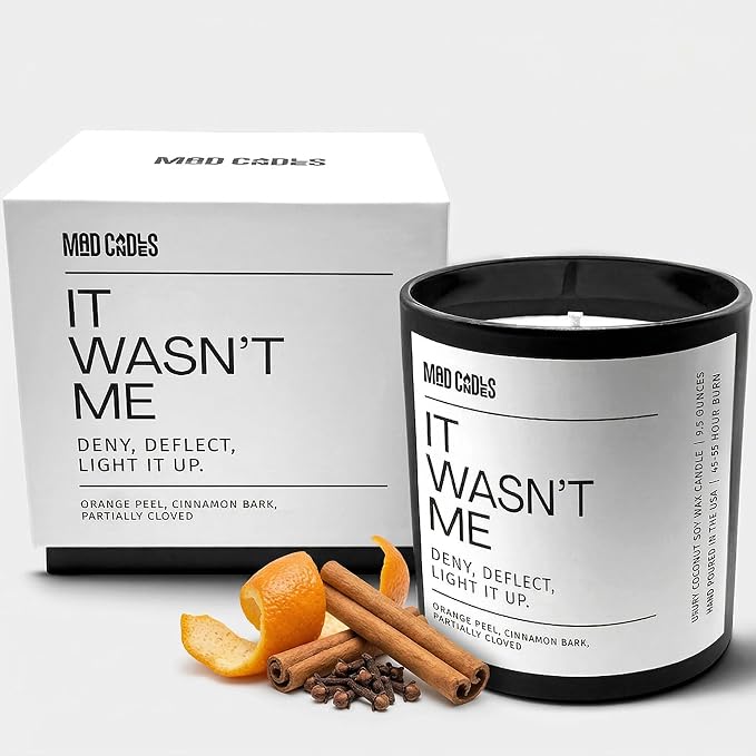 – It WASN’t Me – Sophisticated Warm Spice Scent – Bold Black Candle – 9.5 oz Coconut Soy Wax Blend, Eco-Friendly Gift for Women & Men, Hand Poured in USA, 55-Hour Burn, Clean Cotton Wick