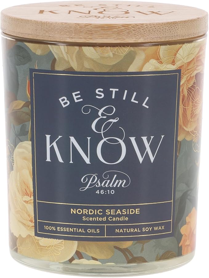 Christian Art Gifts Soy Wax Scented Candle: Be Still & Know Bible Verse, Nordic Seaside Scent, Pure Essential Oils, 4.5 oz, Up to 20 Hours Burn Time, Glass Jar w/Bamboo Lid, Women's Encouragement Gift