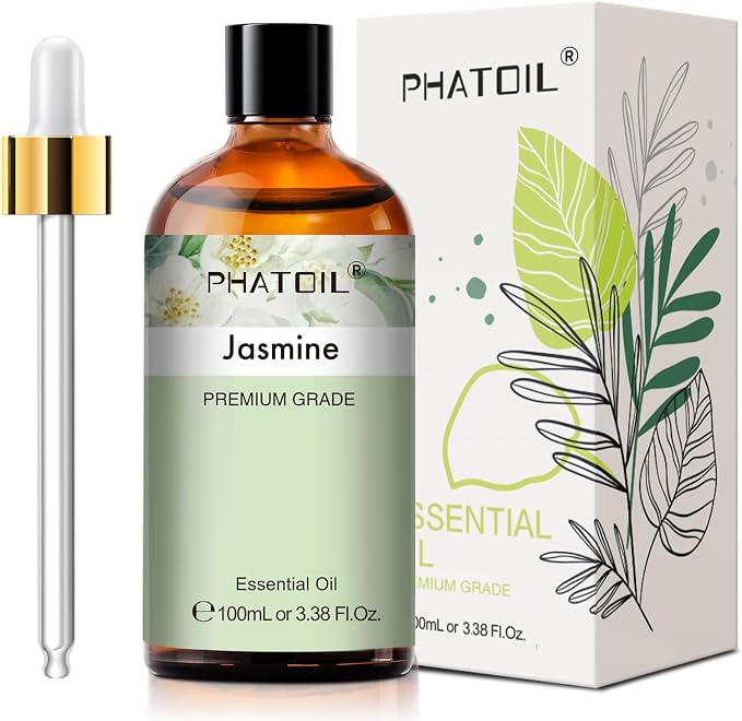 PHATOIL 3.38FL.OZ Jasmine Essential Oil with Glass Dropper, for Aromatherapy Diffusers, Humidifiers, Great for DIY Candle and Soap Making, Huge 100ML Bottle