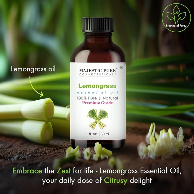 Majestic Pure Essential Oil with Glass Dropper - 100% Pure and Natural - Essential Oils for Diffuser, Aromatherapy, Soap and Candle Making, Lemongrass Essential Oil, Lemongrass Oil, 1 Fl Oz