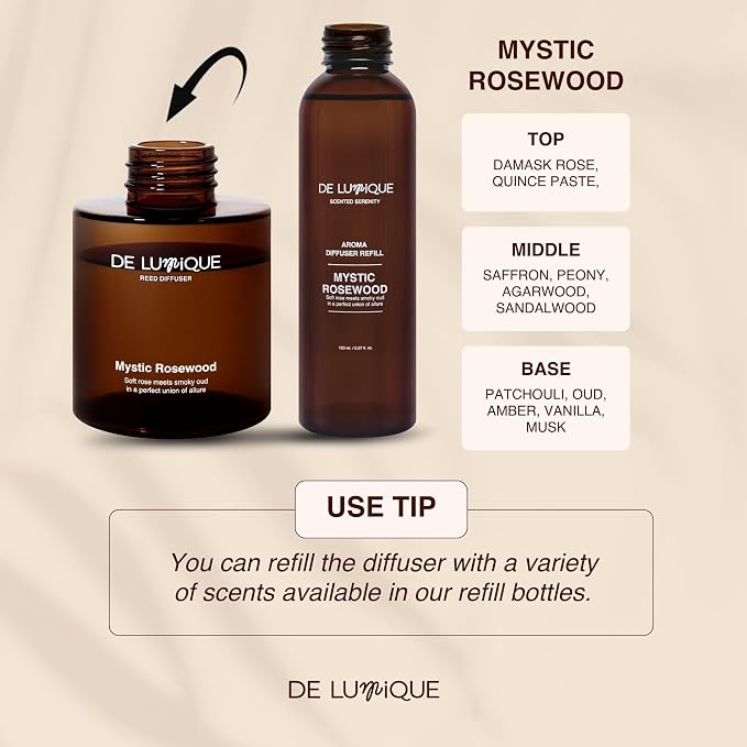 Mystic Rosewood Scent Reed Diffuser Refill, Premium Essential Oils, 150ml/5.07 fl oz, Long-Lasting 8-12 Weeks