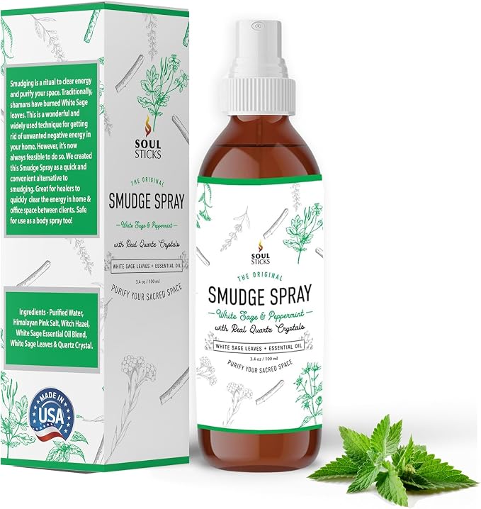 Soul Sticks Smudge Spray for Cleansing Negative Energy and Purifying Home | Made with White Sage and Quartz Crystals | 3.5 oz. Bottle (White Sage & Peppermint)