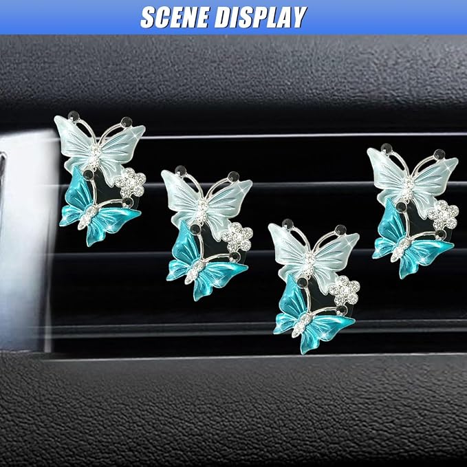 ZIMISI Car Vent Clip, Dual Butterfly Air Vent Clips, Bling Diamond Car Diffuser Clips, Cute Air Conditioning Outlet Decoration, Butterfly Car Accessories for Women (4Pcs/Blue)