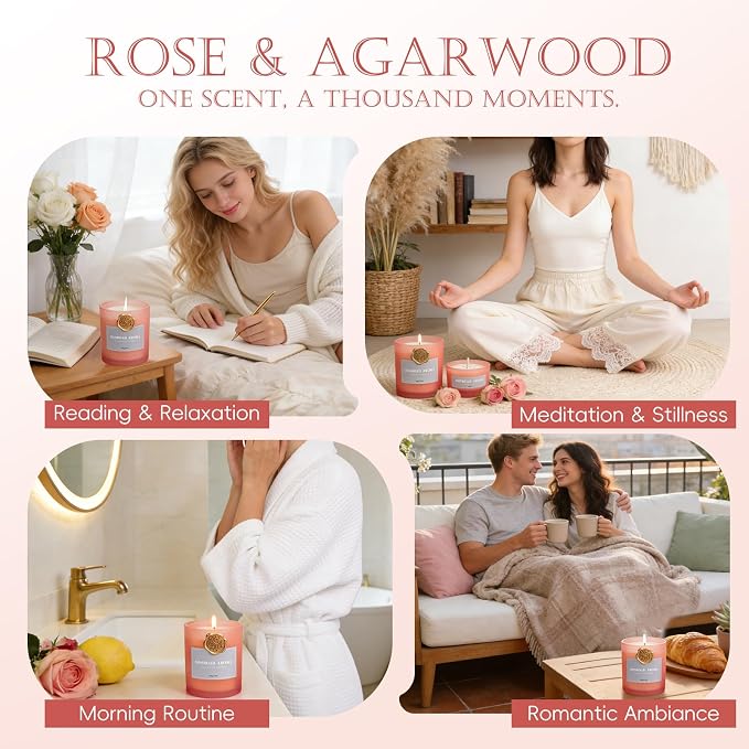 MOSROD Luxury Rose & Agarwood Scented Candles Gift Set, 2 Packs, Natural Soy Romantic Aromatherapy Jar Candle Gift for Her, Intimate Ambiance Pink Rose Candles for Home Fragrance Housewarming Gifts