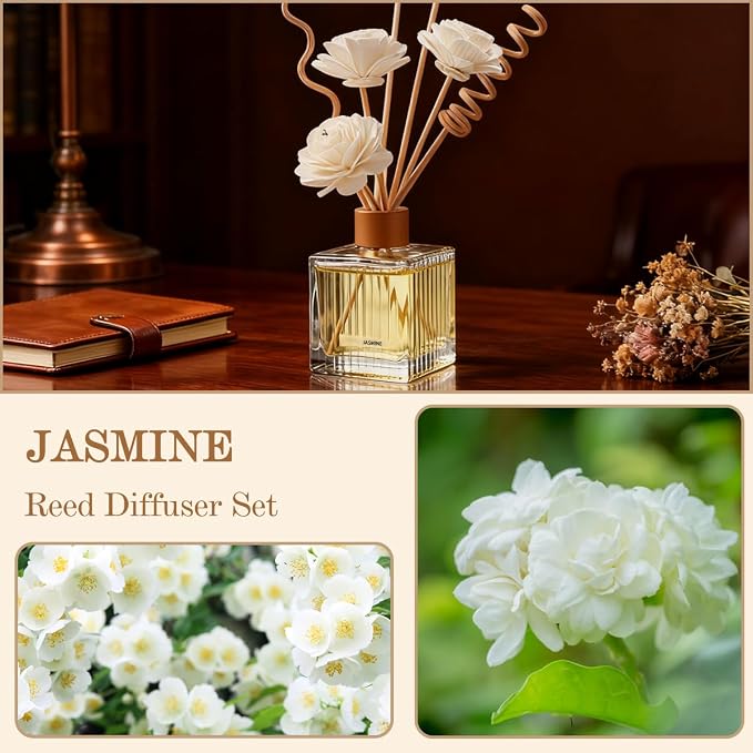 Jasmine Reed Diffuser - 6.7 oz Glass Bottle with 4 Rattan Sticks, 3 Dried Flowers | Adjustable, Long-Lasting Scent for Home, Bedroom, Living Room, Office, Bathroom | Aromatherapy Gift