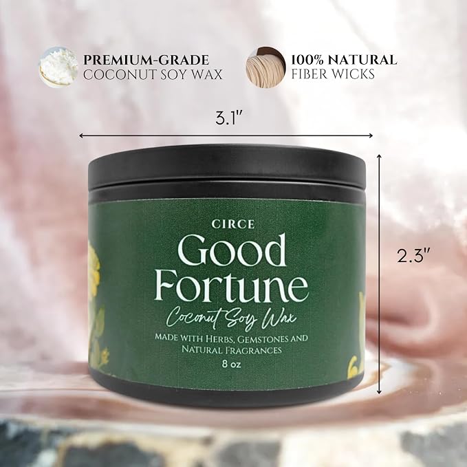 Circe Spell Candle “Good Fortune” Coconut Soy Wax Candle Jar – Premium Hand Poured & Long Burning – Herbs, Crystals & Natural Fragrance Oils - Invite Luck, Positivity & Success - Self Care, Gift- 8oz