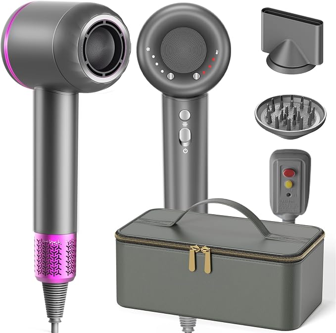 NUTROMO Hair Dryer with Carry Case, 3 Min Fast Drying-160000 RPM Professional High-Speed Ionic Blow Dryer 200 Millions Negative Ionic, Low Noise Hairdryer with Diffuser Nozzle for Home&Travel, Gray