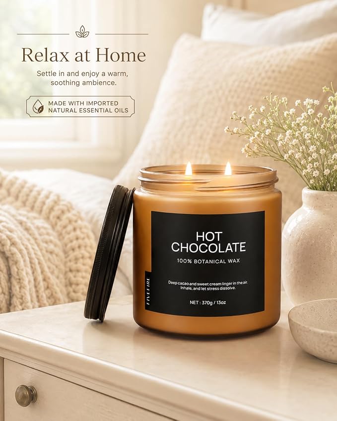 Hot Chocolate Home Scented Candles, 13oz Organic Soy Wax, 76-Hour Clean Burning, Natural Candles Non Toxic, Rich & Cocoa Gourmand Scent for Relaxation, Aromatherapy Housewarming Candle for Men Women