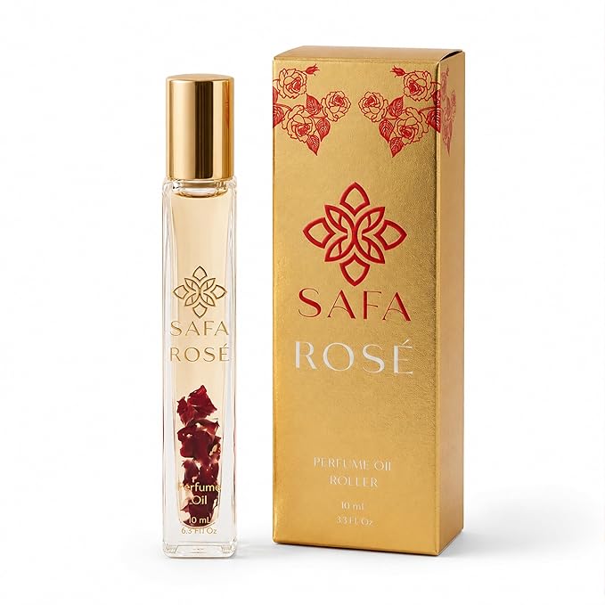 SAFA Rosé Organic Rose Oil Perfume Roller | Bulgarian Damask & Indian Rose Petals | 10 mL Long Lasting Perfume Oil for Women & Men | Non-Toxic, Alcohol-Free & Travel Friendly