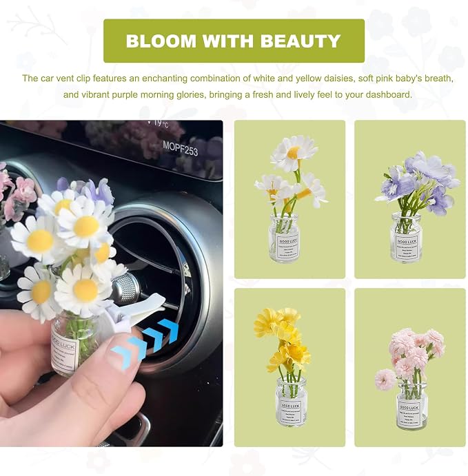 4 PCS Artificial Flowers Car Vent Clips, Cute Flower Bouquet in Glass Vase Air Vent Clip with Fragrance Pads, Mini Daisy Plants Vase Air Conditioning Outlet Clip for Women Girls